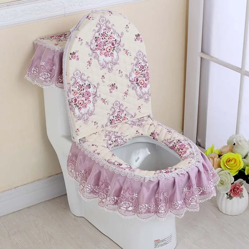 

3 Pcs Toilet Seat Cover Set Lace Floral Print Closestool Protector Toilet Cushion Pad Bathroom Decor 2018ing