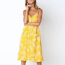 2019 Summer Dress Yellow Plus Size Elegant Button Women Casual Beach Dress Cute Floral Print Vestidos De Marca Verano Ropa Mujer