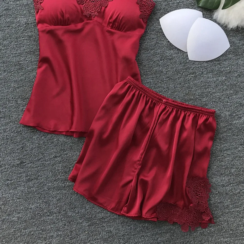 Lady Sexy Satin Night Robe Dress Lace Strap Shirt&Shorts 2PCS Sleep Suit Sleepwear Nightwear Sling Lingerie Underwear Set