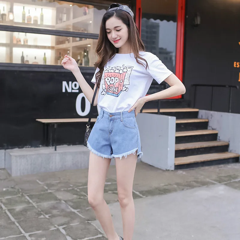 

2017 Spring New European and American Leisure Tide Retro Burr Front Short After Long A Word High Waist AA Denim Shorts Female
