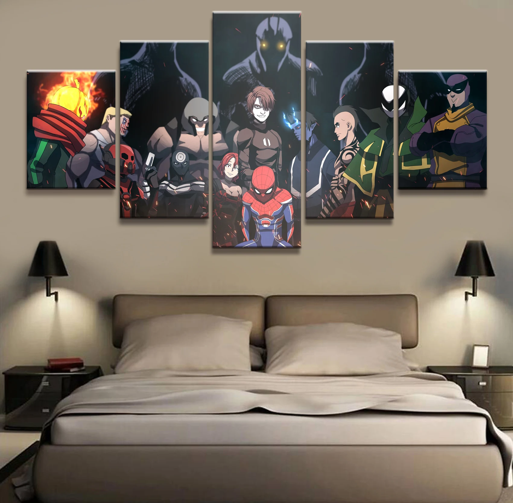 

Hot Sales Frame 5 Panels Picture Spider-Man Villain Alliance Marvel Film Canvas Print Painting Wall Canvas Painting Wholesale