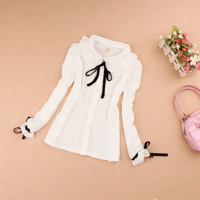 

2-16Y Child 2017 White Chiffon Ruffles Bow Long Sleeve Shirt Teenage School Girl Blouse Tops Kids Girls Blouse Clothes JW0345