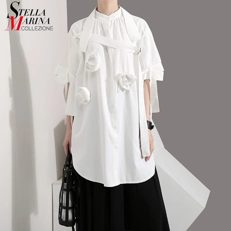 

2019 Korean Style Women Summer Solid White Long Blouse Shirt Flower Appliques Female Plus Size Casual Blouses chemise femme 5100