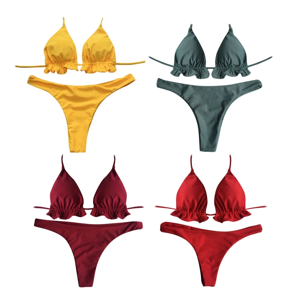 

Halter Neck Backless Tied Strap Ruffle Solid Color Low Waist Women Bikini Set Swimwear Swimdress Brazilian Biquni Bathing Suit