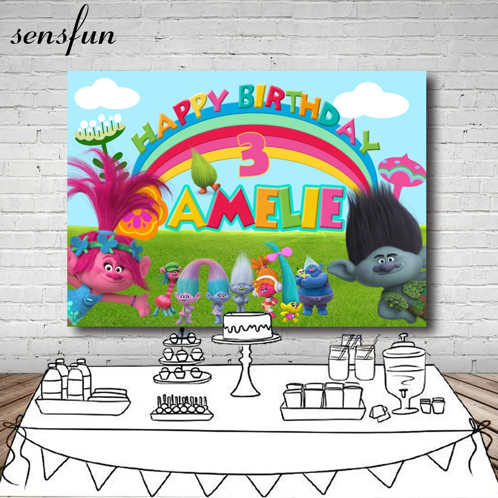 

Sensfun Trolls Birthday Party Backdrop Rainbow Clouds Sky Blue Cartoon Children Backgrounds For Photo Studio Photocall Vinyl