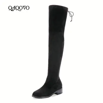 

Women Fashion Stretch Boots Spring Autumn Square Flat Heel Over The Knee Boots Slip On Winter Thigh Boots Ladies Shoes 2019 New