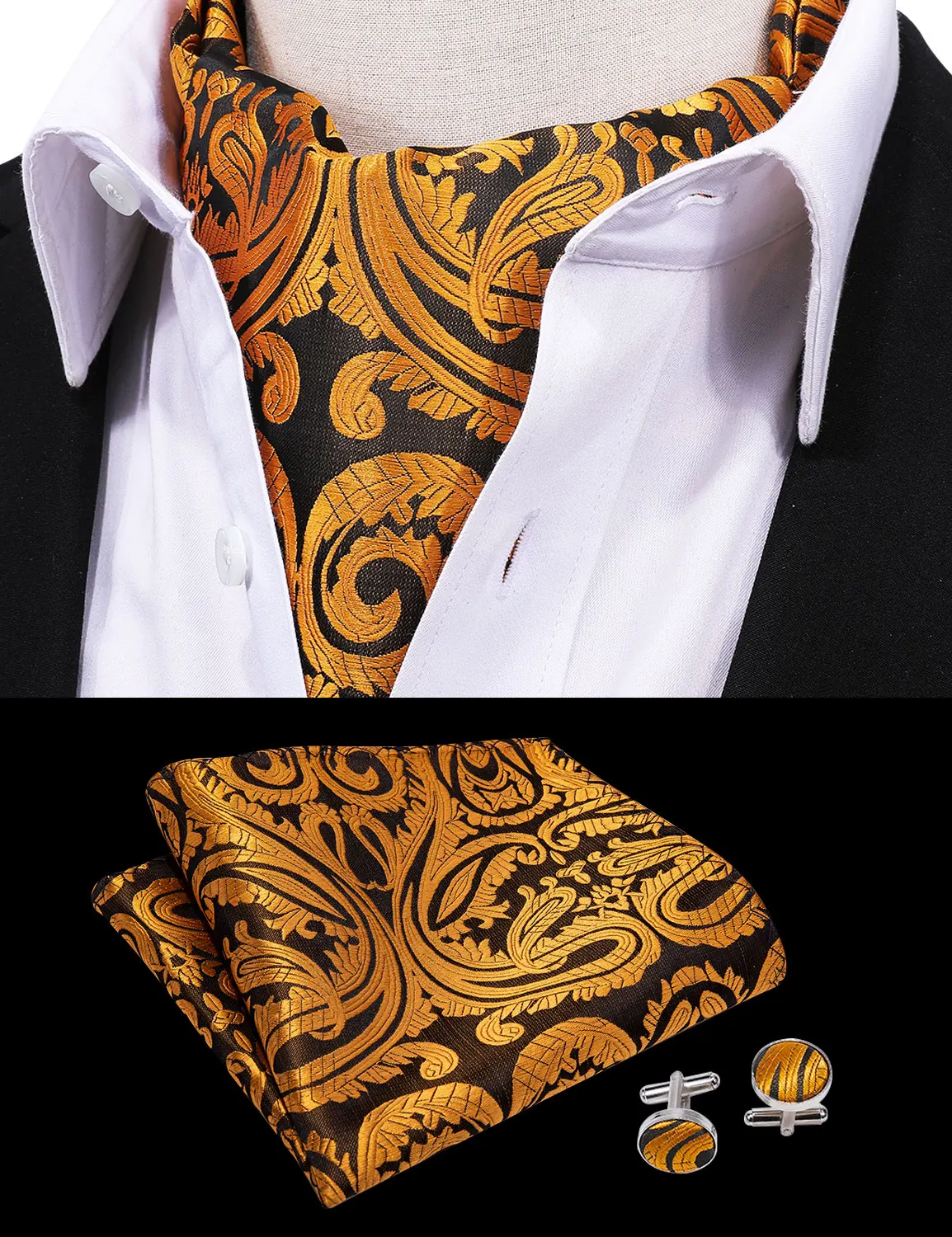 100% шелковый золотой галстук Аскот для мужчин Галстук Набор Цветочный Королевский Аскот формальный шейный платок, носовой платок запонки