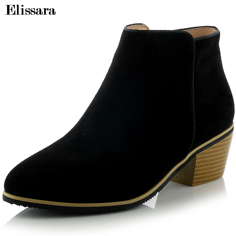 

Elissara Winter Boots Female Med Heel Ankle Boots Women Genuine Leather Boots Ladies Zip Cow Suede Boots Shoes Size 33-42