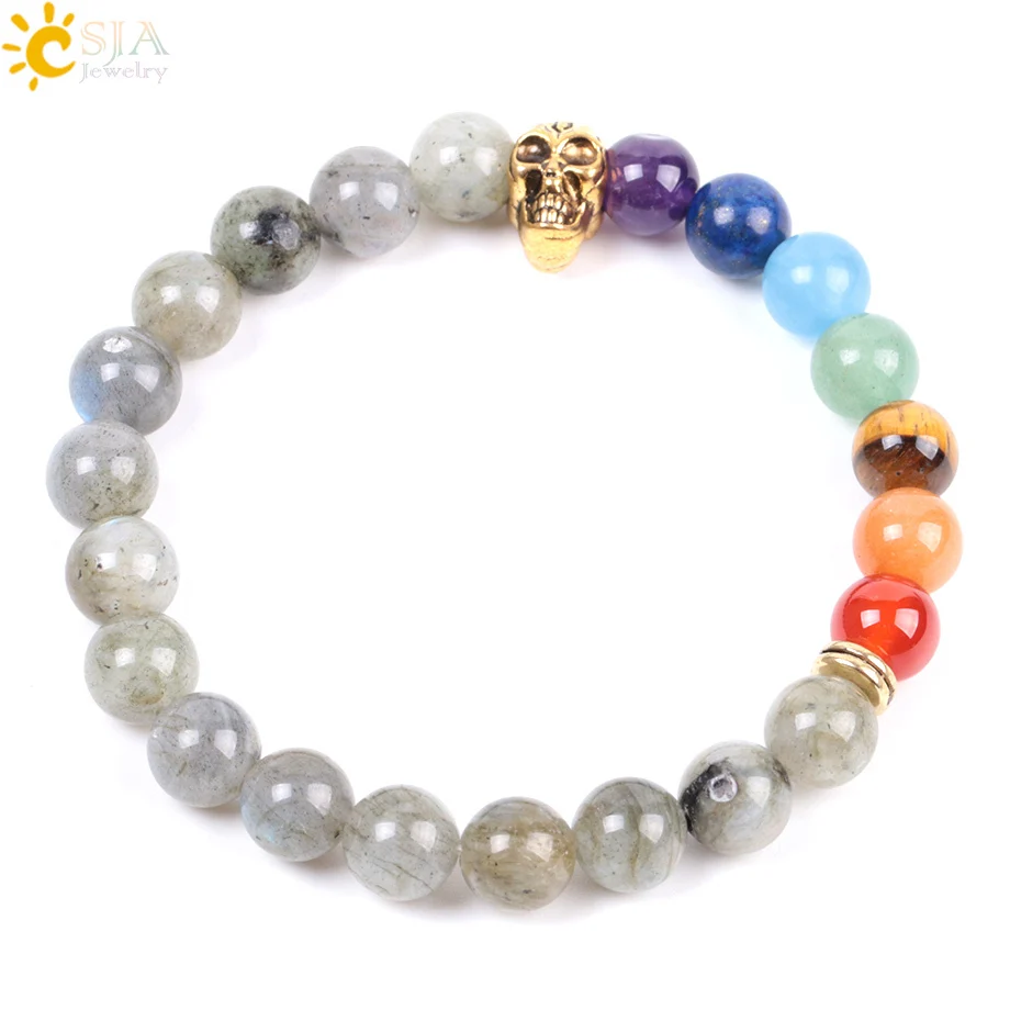 

CSJA Spectrolite Bracelet Natural Stone Light Labradorite 7 Chakras Bead Bracelets Skull for Men Women Handmade DIY Jewelry E994