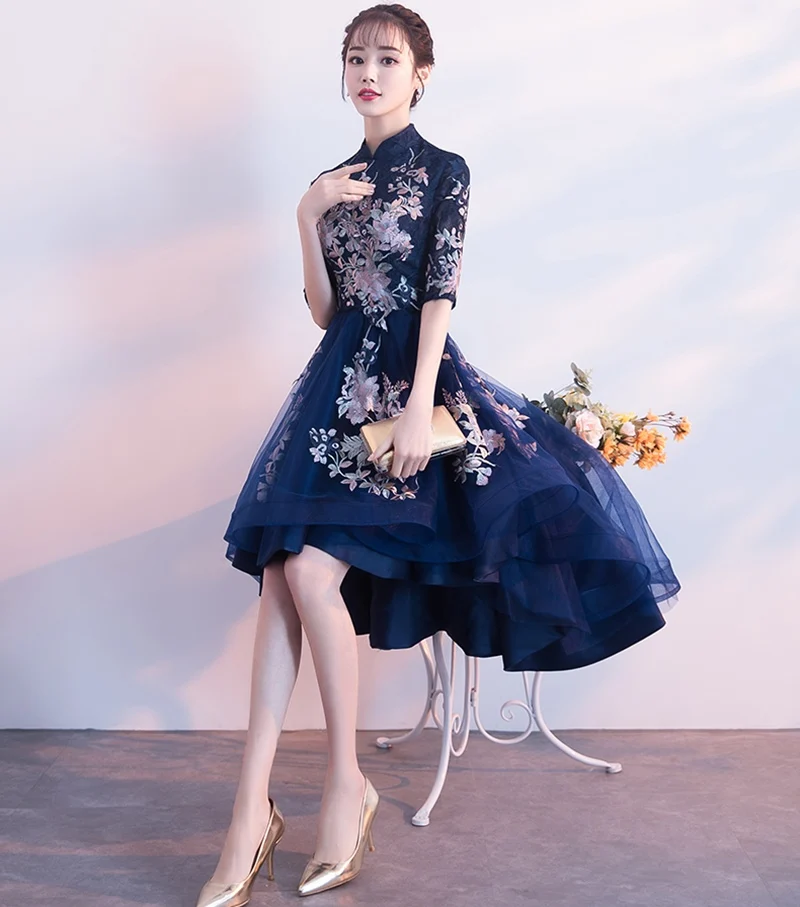 Высокая Низкая Cheongsam Coctail платье миди элегантные китайские платья Цветочная вышивка Vestido Fiesta коктейльное платье Выпускной TS663