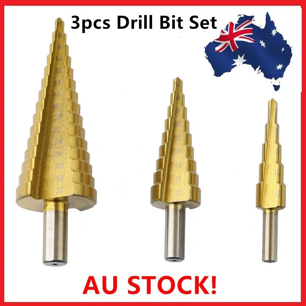 Power tool hand accessories drill aiguille 3PC HSS high-speed steel Step Cone Bit Set Titanium Metric Hole Cutter 4-12/20/32mm Power tool hand accessories drill aiguille 3PC HSS high-speed steel Step Cone Bit Set Titanium Metric Hole Cutter 4-12/20/32mm