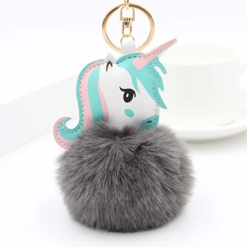 Pompom Unicorn Keychain Rabbit Fur Ball Horse Key chain porte clef Bag Car Keyring llavero mujer chaveiros For Women - Цвет: color