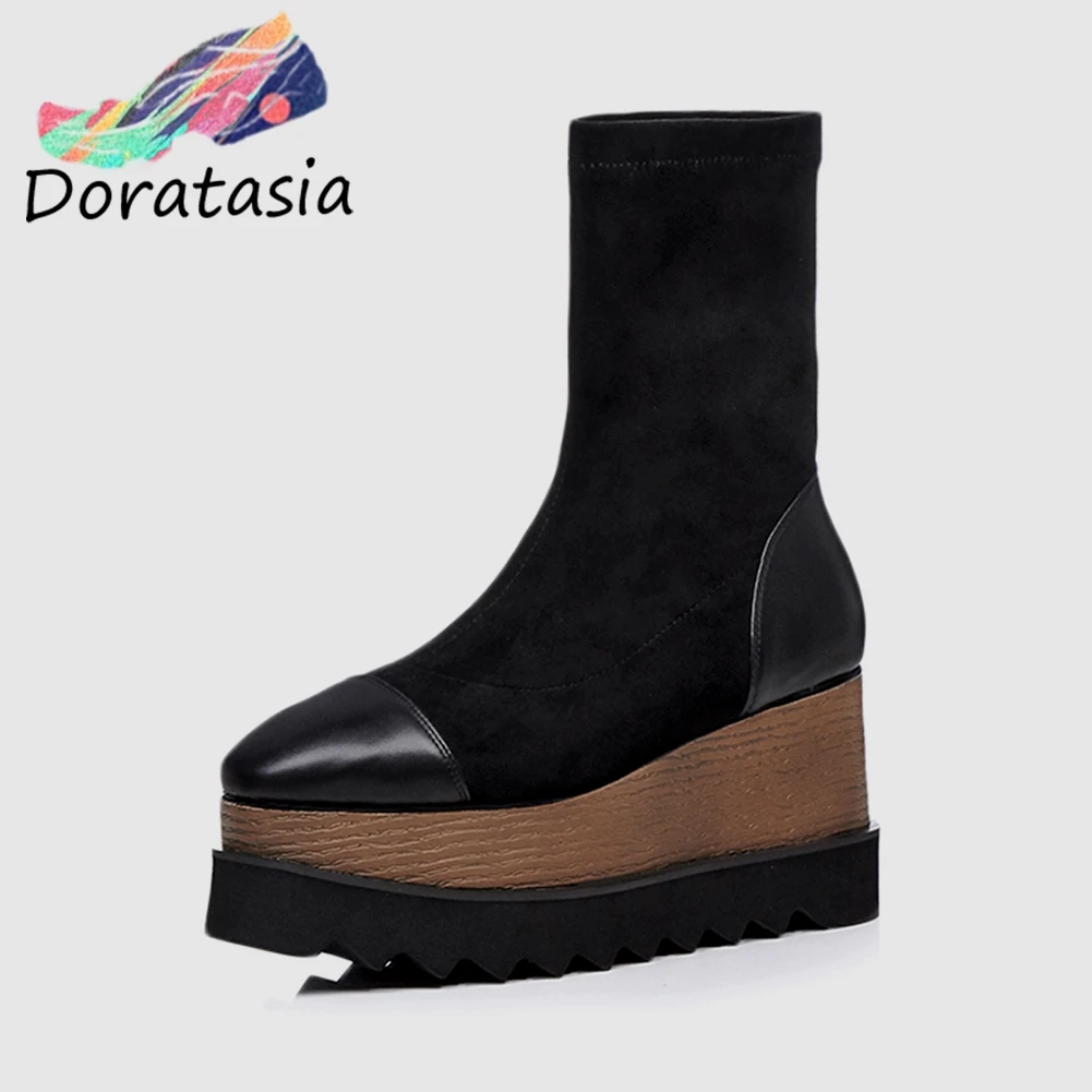 

DORATASIA Stretch Genuine Leatehr Flock INS Hot Wedges Heels Ankle Boots Woman Flatform Boots Women Shoes Woman Size 32-42