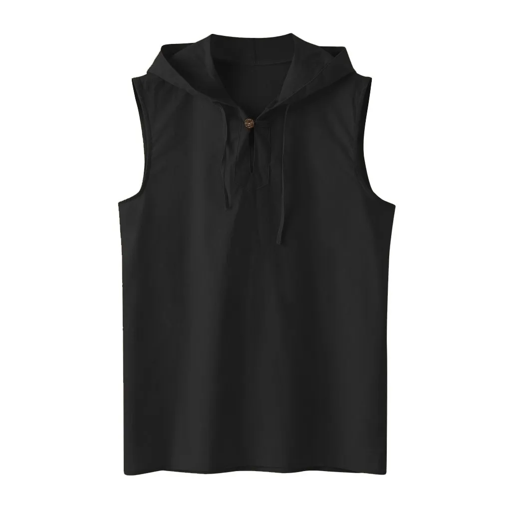 Men's Baggy Cotton Linen Solid Button Beach Sleeveless Hooded Shirt Tank Tops