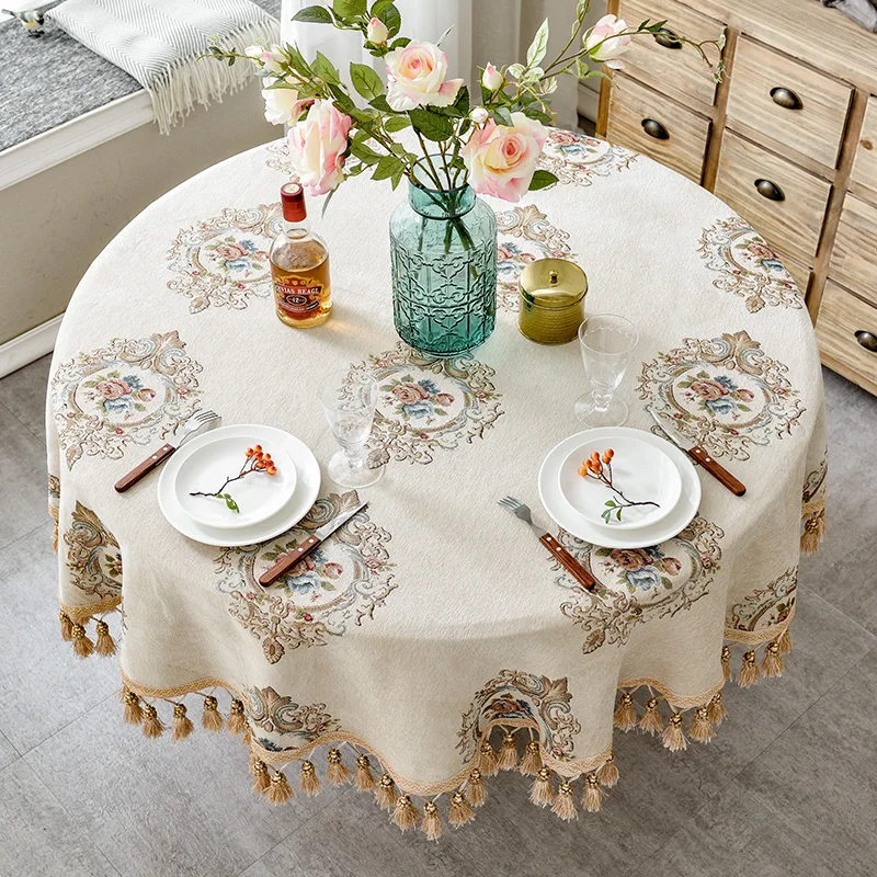  Luxury European Style Round Table Cloth with Tassel Embrodered Jacquard Table Cover Coffee House Ho