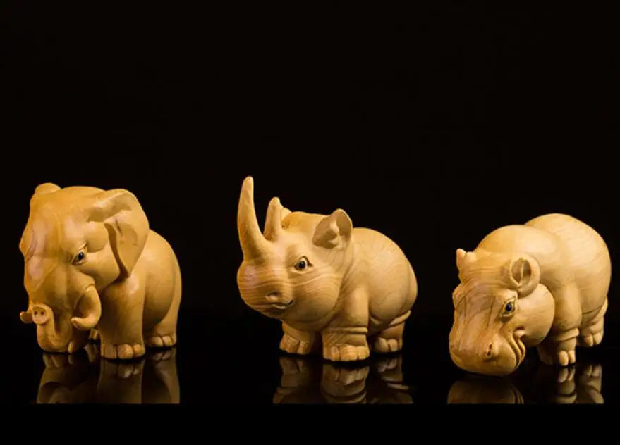 Резьба из самшита ручной работы Домашние животные декоративные украшения носорог слон гиппопотам Статуя Скульптура Подарок