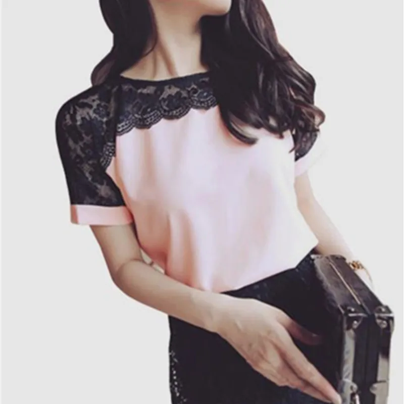 

JULY Blouses Women Lace Summer Tops Blouses Casual Chiffon Blouse Female Work Wear Office Shirts Plus size XXXL/5XLWhite/red