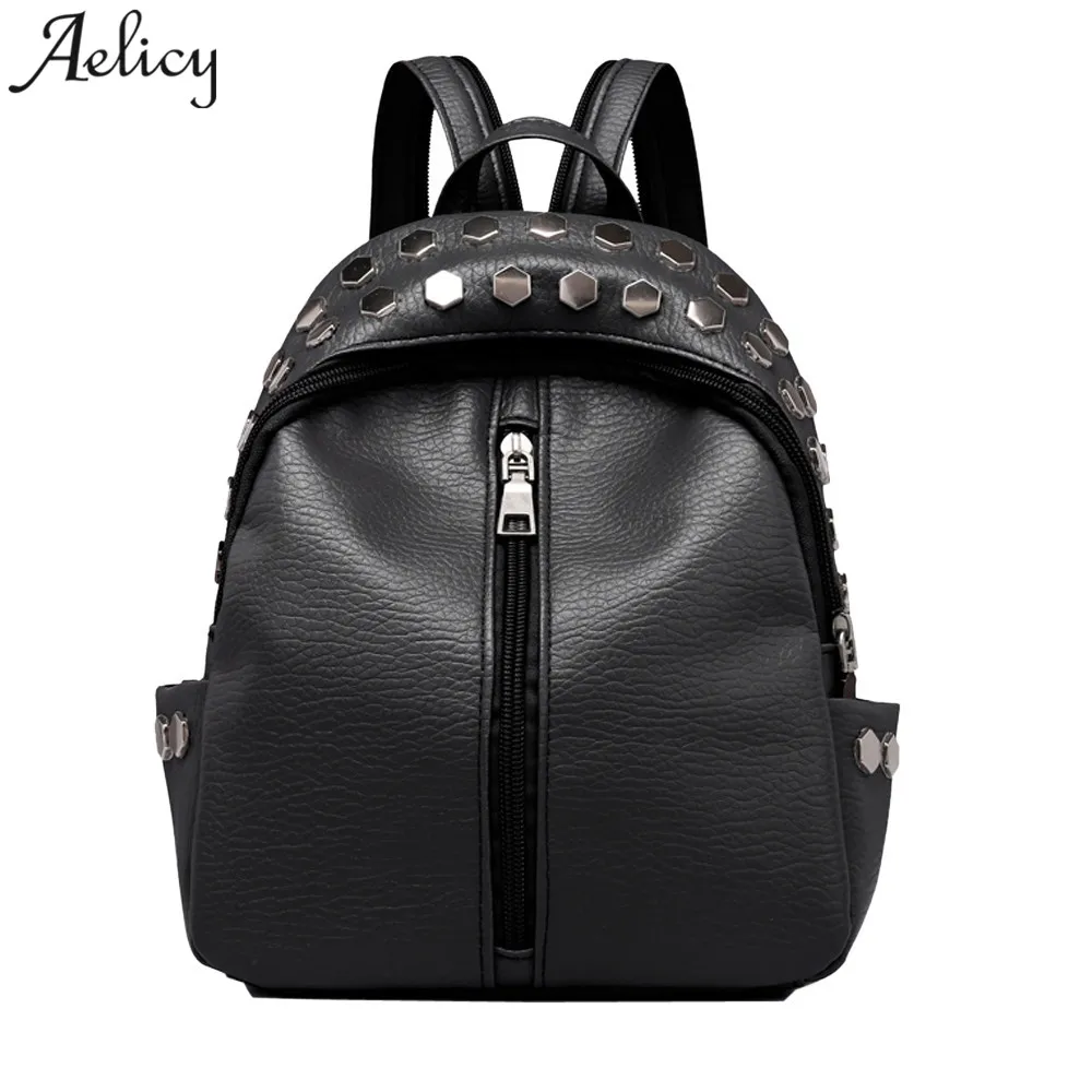 

Aelicy Women Fashion Rivets Backpack Vintage College Student Satchel Travel Leather Shoulders Girls Package Pretty Schoolbag