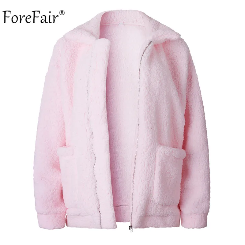 Forefair/зимнее пальто из искусственного меха размера d, Женская куртка с натуральным мехом плюшевого мишки, повседневное пальто свободного размера плюс с карманами и отворотами