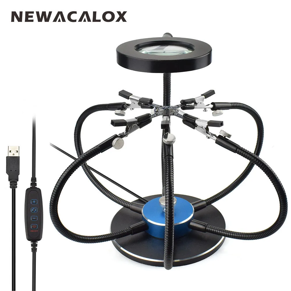 NEWACALOX Multi Soldering Helping Hands USB LED Light Magnifying Glass 6pcs Flexible Arms Soldering Station Repair Welding Tool NEWACALOX Multi Soldering Helping Hands USB LED Light Magnifying Glass 6pcs Flexible Arms Soldering Station Repair Welding Tool