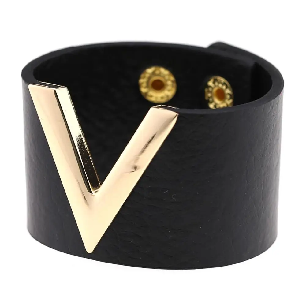 KMVEXO европейский модный кожаный браслет, браслет, простой Универсальный OL V слово, широкие браслеты для женщин, новинка, ручная работа, мужские ювелирные изделия, подарок - Окраска металла: Black