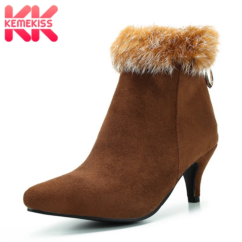 

KemeKiss Plus Size 33-48 Women High Heels Boots Women Winter Ankle Boots Sexy Ladies Thick Fur Shoes Pointed Toe Party Footwear