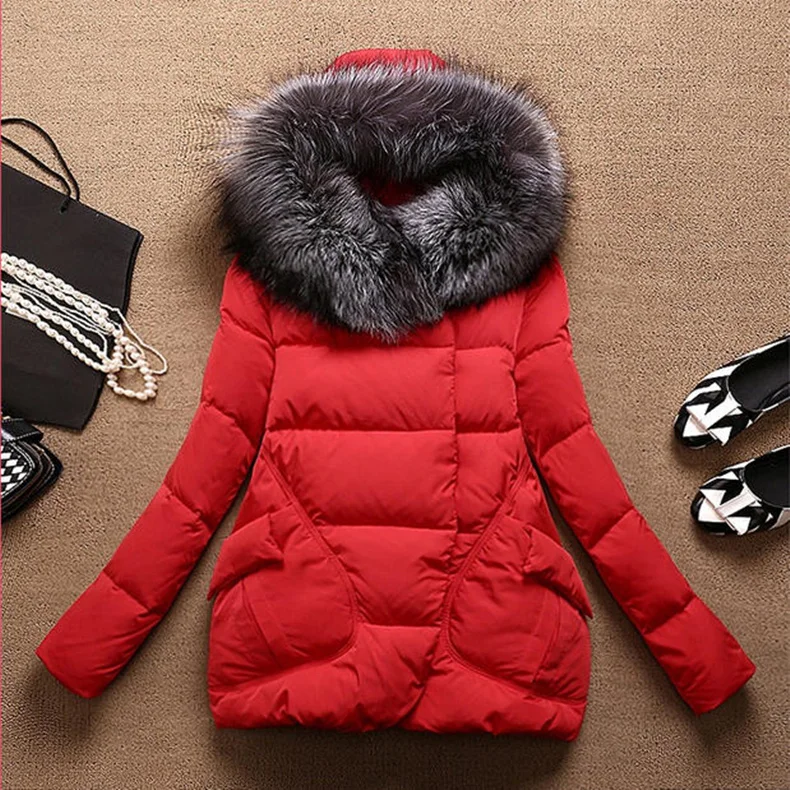 

2017 Autumn Winter Coat Parkas for women Thick Warm Wadded Jackets and coats Hood Large Faux Fur Collar Outwear jaqueta de couro