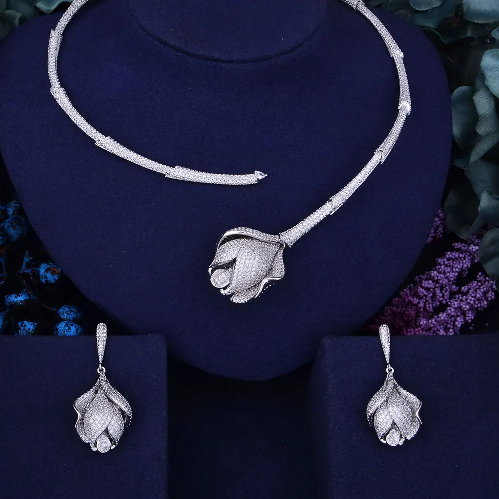 

GODKI Bamboo Knot Rose Flower Luxury Silver Color Women Nigeria Wedding Naija Bride Cubic Zirconia Necklace Earring Jewelry Set