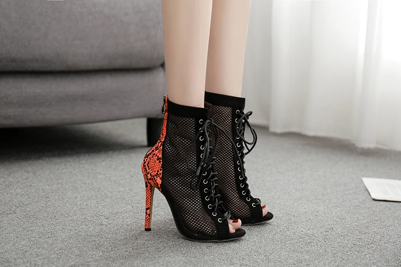 Size 35-42 Women High Heeled Pumps Shoes Snake Print Hollow Out Summer Boots Lace Up Cross Tied Women Boots Pumps Zapatos Mujer