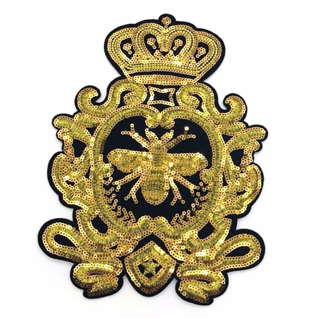 1pc DIY New Gold Sequins Crown Bee Patches Embroidery Applique Sew on Clothes Craft