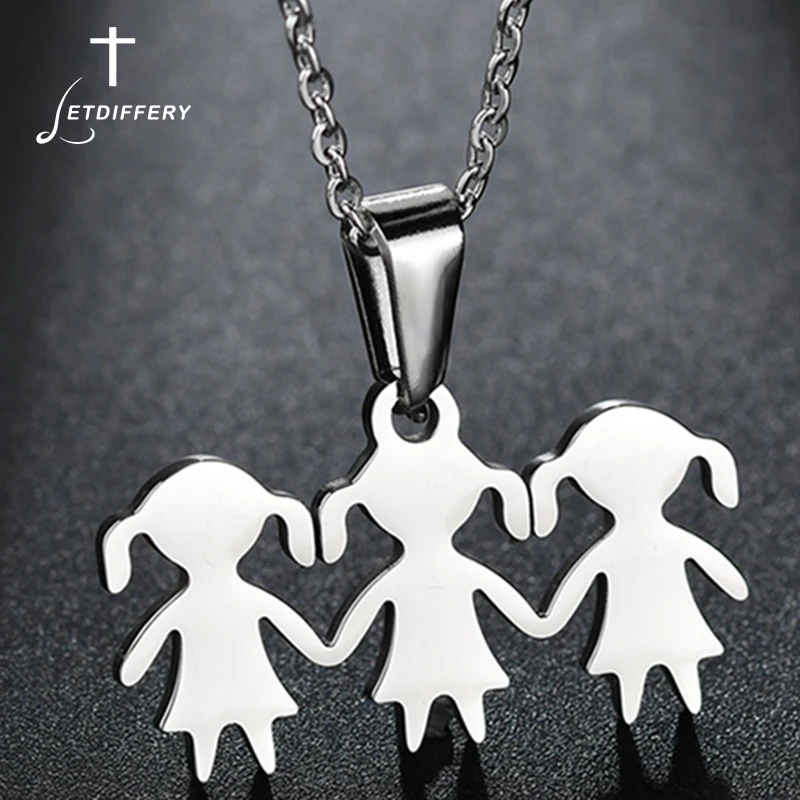 

Letdiffery Three Girls Hand in Hand Chain Necklaces For Women Men Stainless Steel Link Necklace Family Jewelry Couple Gifts