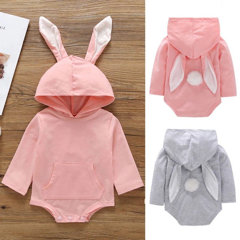 Citgeett Spring Easter Summer Newborn Baby Kdis Girl Boy Hooded Rabbit Bodysuit Jumpsuit Casual Clothes Pink Gray Casual Outfits
