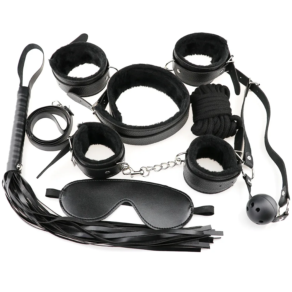 7 pcs Hot PU Leather fetish Adult SM Love Game Toy Kit for Couples women bondage restraint Set: Handcuff Whip Nipple Clamps Gag