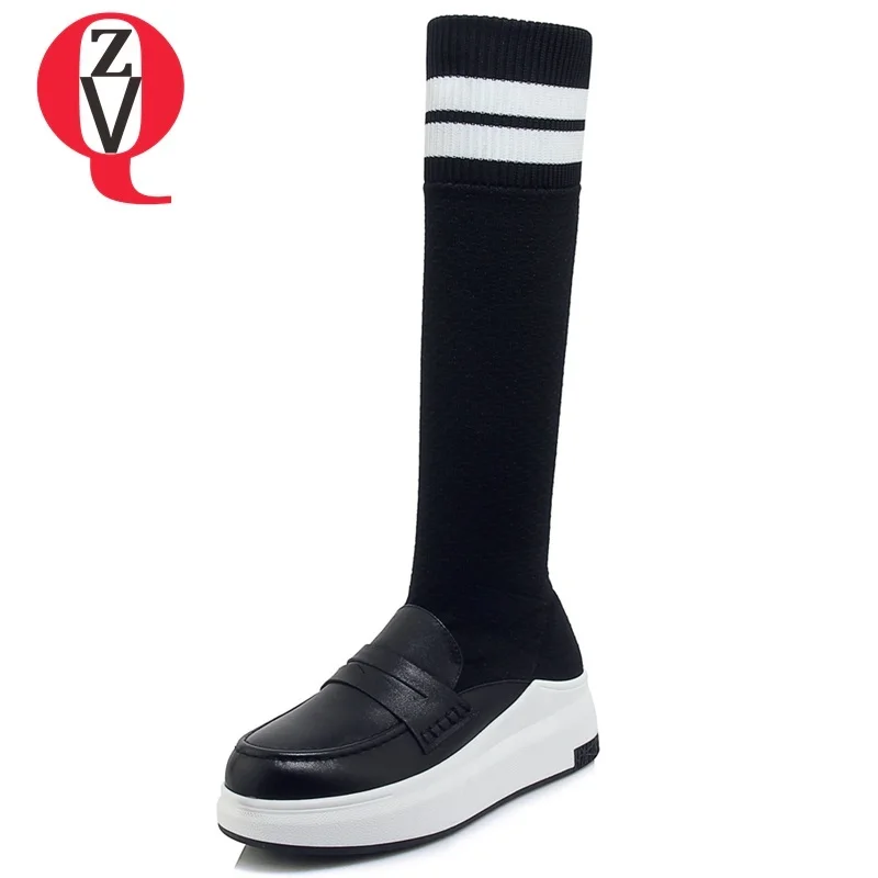 

ZVQ women shoes 2018 newest concise genuine leather and stretch fabric high wedges platform slip-on round toe knee high boots
