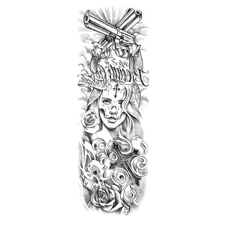 Водостойкая временная татуировка наклейка череп с маской девушка боди арт полная рука большой размер рукав тату армейский воин для мужчин и женщин - Цвет: F