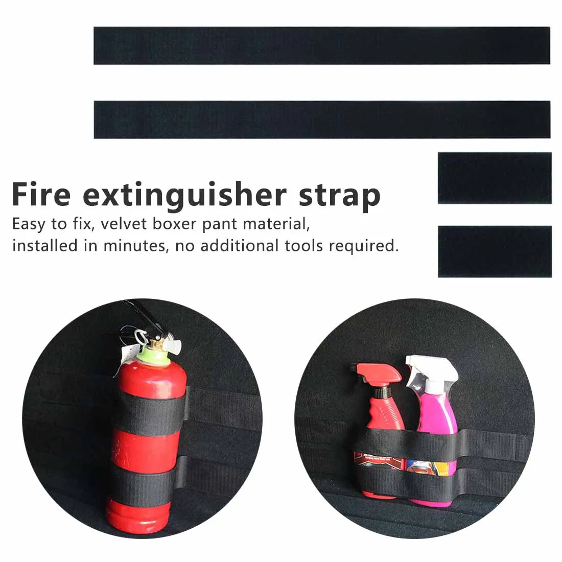 

2 Long and 2 Short Black Fire Extinguisher Mount Straps Fixed Sundry Stowing Tidying 60 x 5cm Car-styling Car accessories