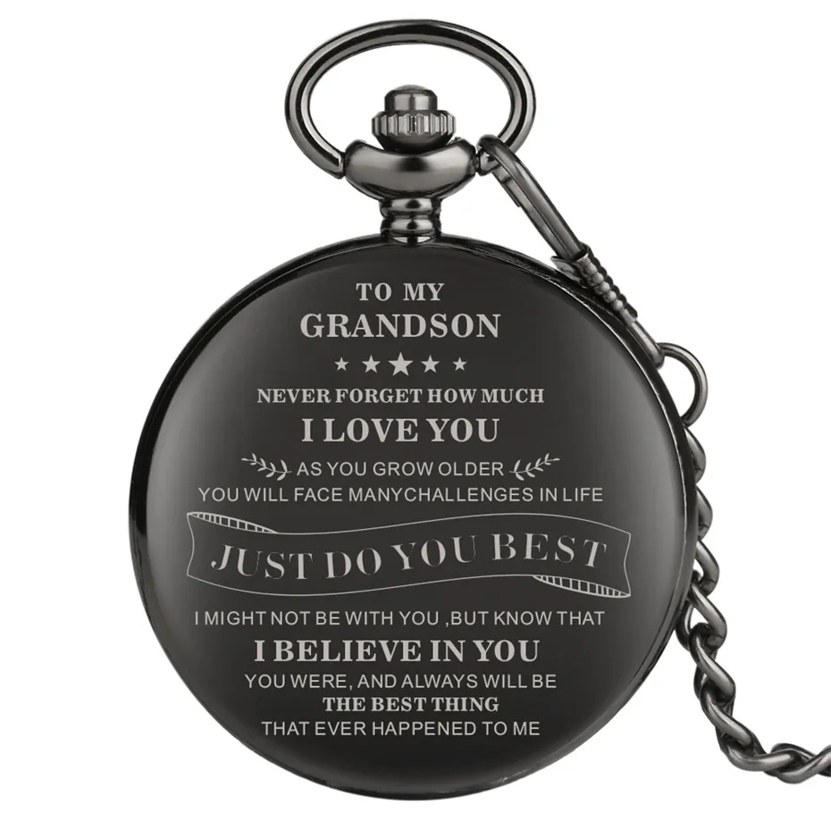 

Smooth Black "TO MY GRANDSON" Design Quartz Pocket Watch Arabic Numerals Dial Steampunk Pendant Clock 30 cm Pocket Chain
