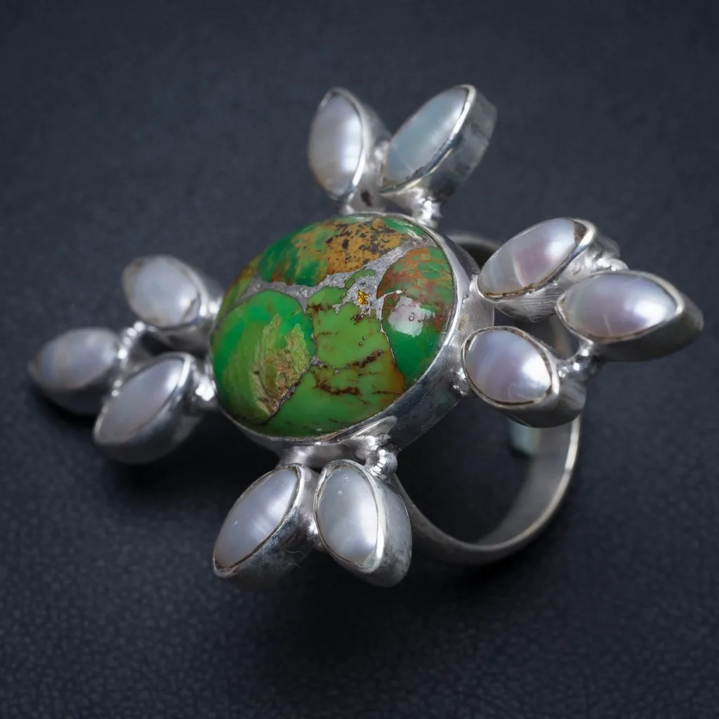 

Natural Turquoise and River Pearl Vintage 925 Sterling Silver Ring, US Size 8 S2300