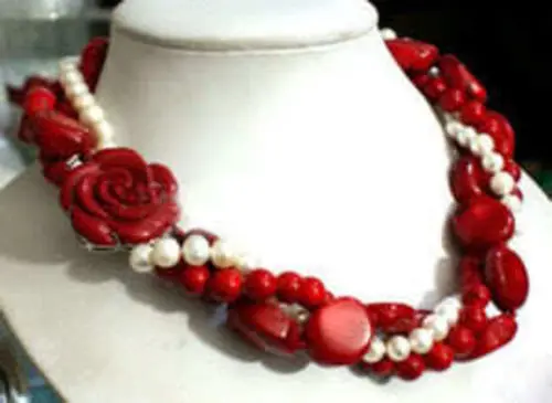 

FREE SHIPPING 0377 White Akoya Cultured Pearl Red Coral With Flower Clasp Necklace