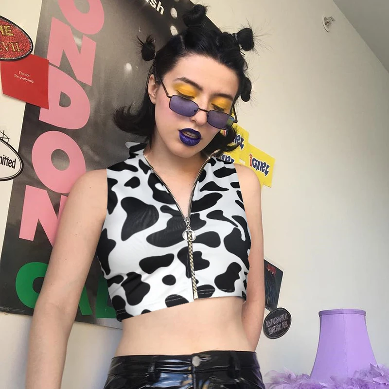 

JSMY Women Cow Pattern Zippered Wrapped Chest Short Vest Sexy Expose Navel Slim Tank Top Summer New Slim Tube Top