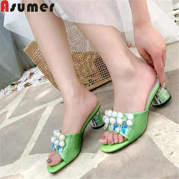 

ASUMER 2020 new summer shoes for women square high heels shoes women slingback prom shoes crystal women slippers big size 34-43