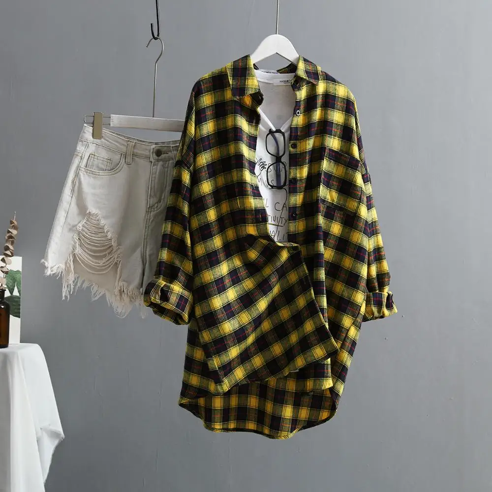  New Arrival Women Oversize Classic Yellow Plaid Long Blouse Batwing Sleeve Curved Hem Shirt Turn-Do