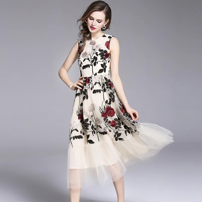 

Women Dress Floral Embroidery Elegant Dresses 2018 Fashion Mesh Patchwork Sleeveless A-line Casual Party Dress Vintage Vestidos