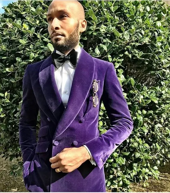Purple Velvet Men Suit Handsome Shawl Lapel Double