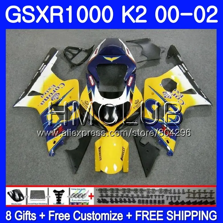 

Yellow CORONA Body For SUZUKI GSXR 1000 GSXR1000 GSXR1000 00 01 02 31HM2 GSXR1000 00 01 02 K2 GSX R1000 2000 2001 2002 Fairing