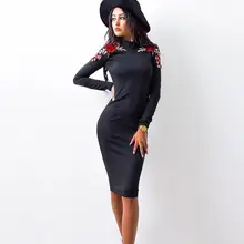 Women Autumn Plus Size Retro Vintage Bodycon Floral Embroidery Elegant Package Hip Party Dresses WS4112V