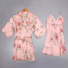 Комплект из 2 предметов, халат и платье, ночное платье, элегантный мини-халат, женское кимоно, кружевное Сексуальное Женское Пижама Ночные рубашки, пижамный комплект