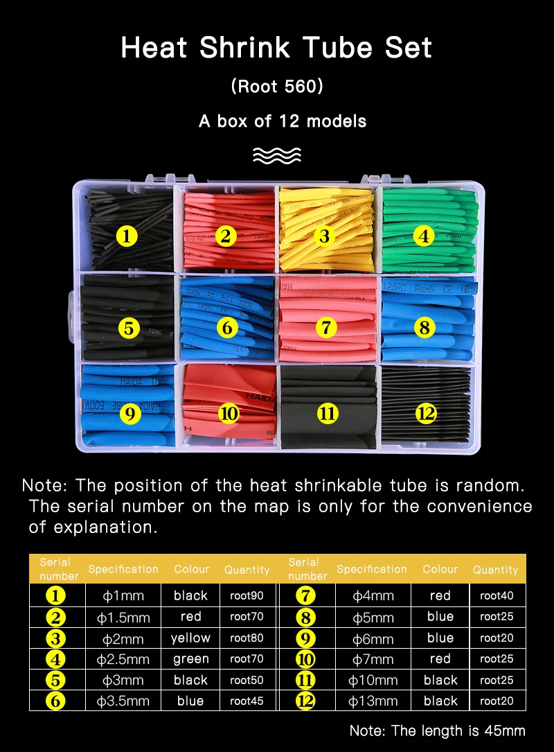 560 шт набор полиолефиновых термоусадочных проводов, комплект трубок, аксессуары для проводов