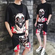 Большой код 4XL5XL Мужская обувь для отдыха костюм с цветочным узором Лето в стиле хип-хоп, ветер собака Объёмный рисунок(3D-принт) футболка для мужчин+ Шорты два