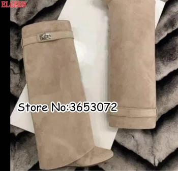 

Nude Leather Suede Pointy Toe Shark Lock Wedge Knee High Boots Shoes Slip-on Female Height Increasing Motorcycle Boots Shoes